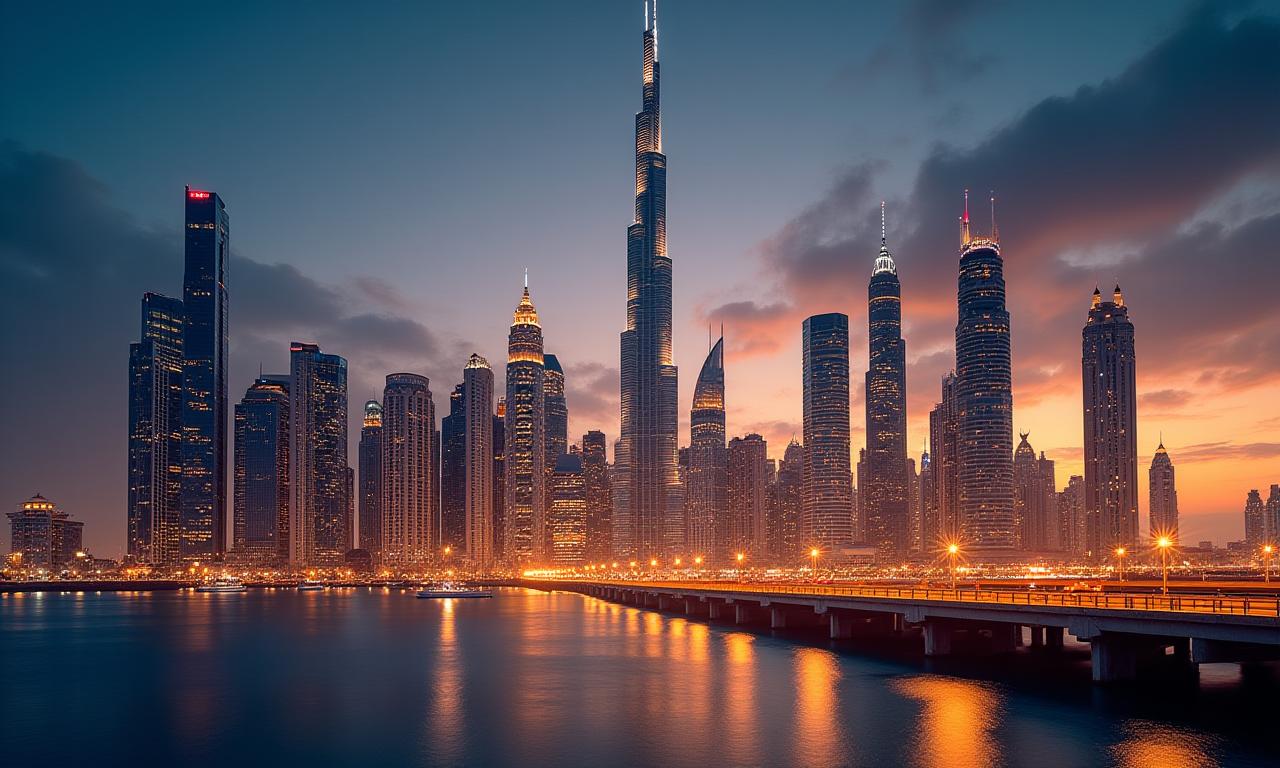 أفق دبي المالي عند الغروب مع ناطحات السحاب الذهبية المنارة، يرمز إلى الرؤية والنمو