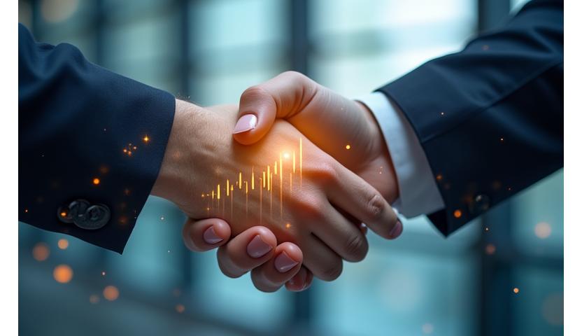 يدان تتصافحان فوق مخطط مالي مع رسوم بيانية توضح النمو في بيئة مكتبية احترافية.