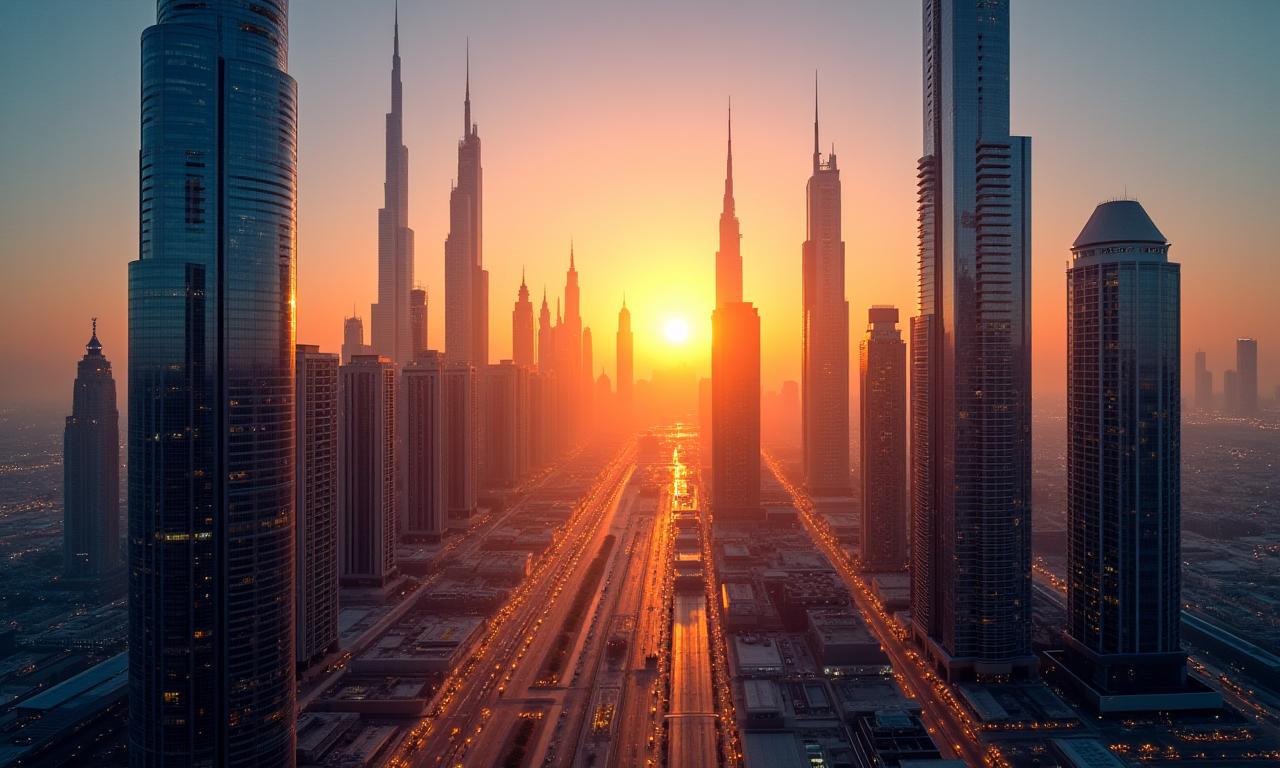 أفق مدينة دبي المالي عند الغروب مع لمسات ذهبية تعكس النمو والثراء.