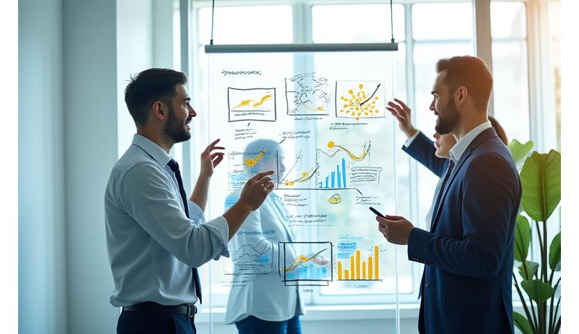 فريق عمل يخطط على سبورة بيضاء كبيرة مرسوم عليها مخطط تدفق مالي استراتيجي، يعكس التعاون والتخطيط للمستقبل.